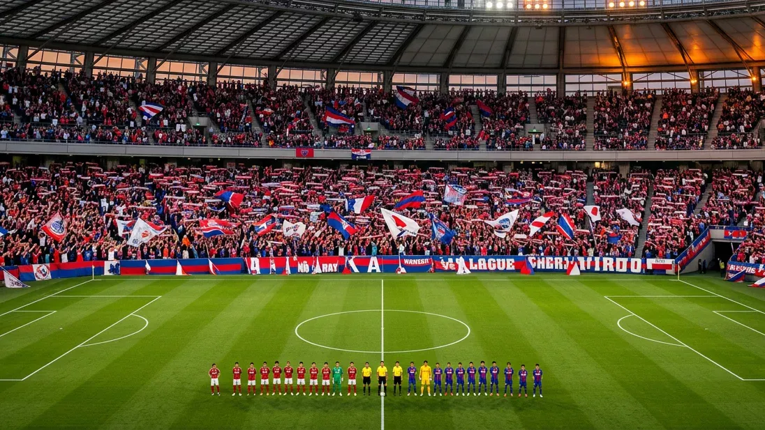 Estadio japonés lleno de aficionados con pancartas en la inauguración de un partido de J1 League