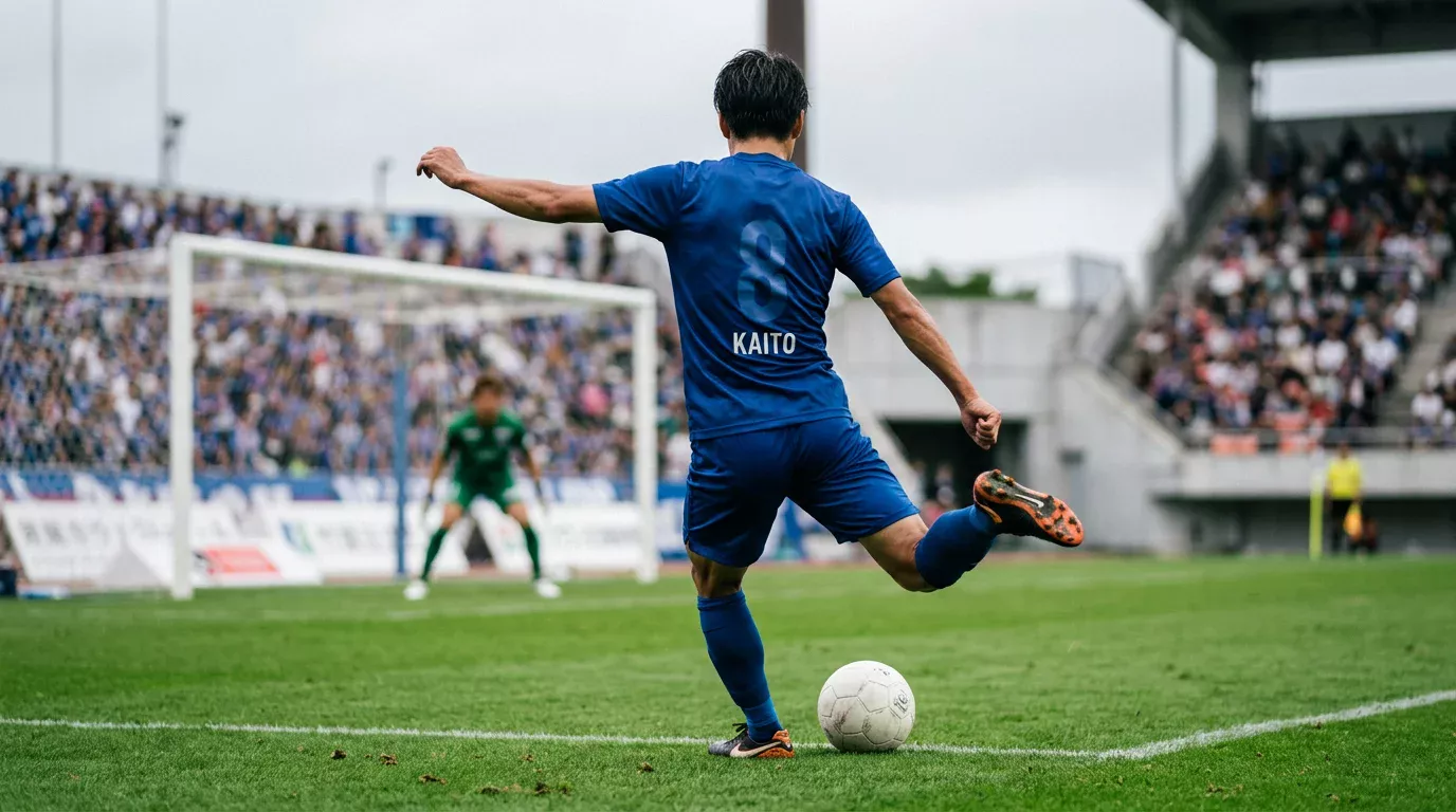 Futbolista japonés de la J1 League preparando un disparo a puerta visto desde detrás