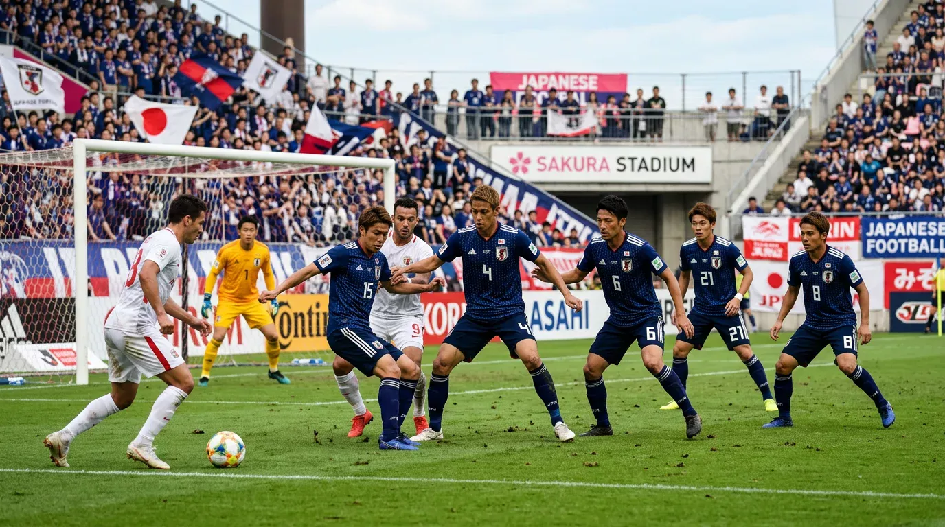Jugadores del Avispa Fukuoka con camiseta azul defendiendo en bloque bajo durante un partido en Best Denki Stadium