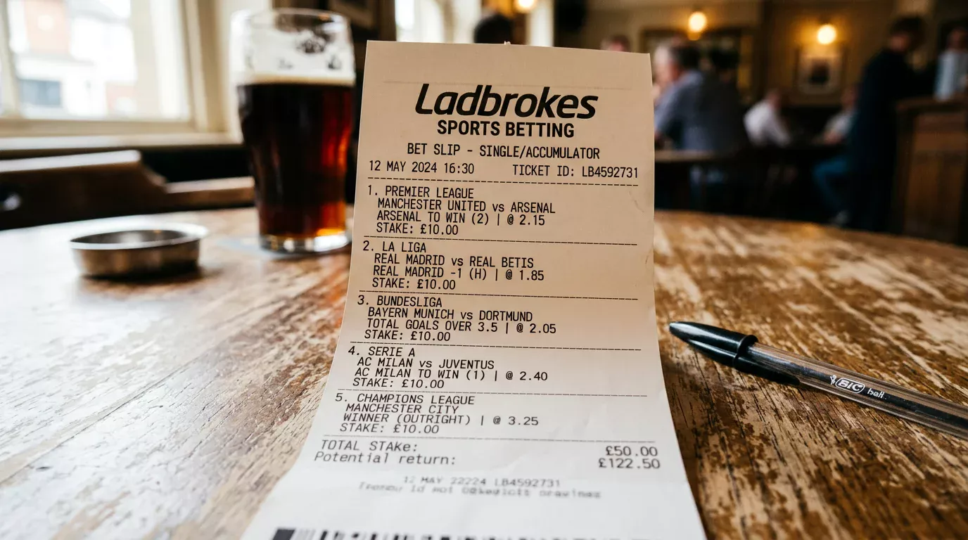 Boleto de apuesta combinada con varias selecciones de partidos de la J.League japonesa sobre una mesa