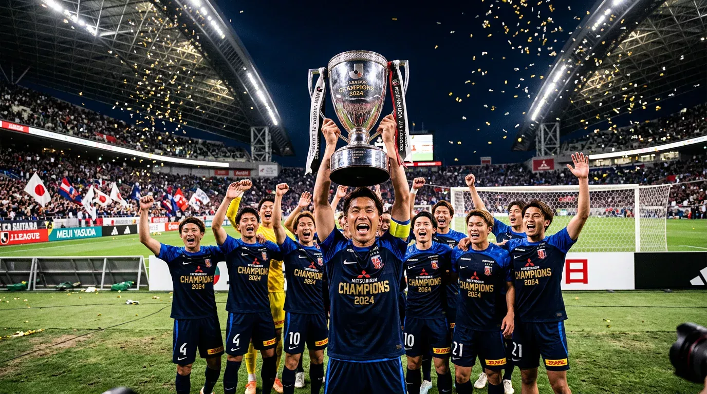 Trofeo de la J1 League japonesa elevado por jugadores en celebración del título en un estadio