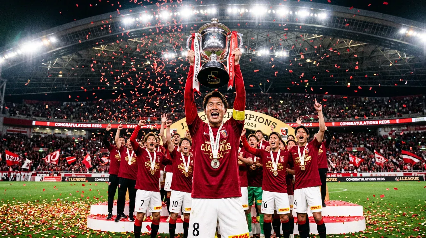 Jugadores del Kashima Antlers levantan el trofeo de la J1 League 2025 en un estadio iluminado con bengalas rojas