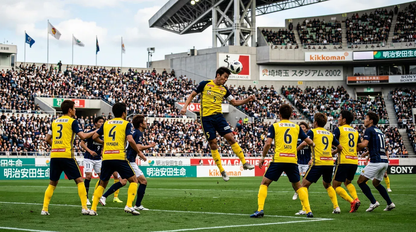 Jugadores del Nagoya Grampus con camiseta amarilla defendiendo una jugada en el Toyota Stadium