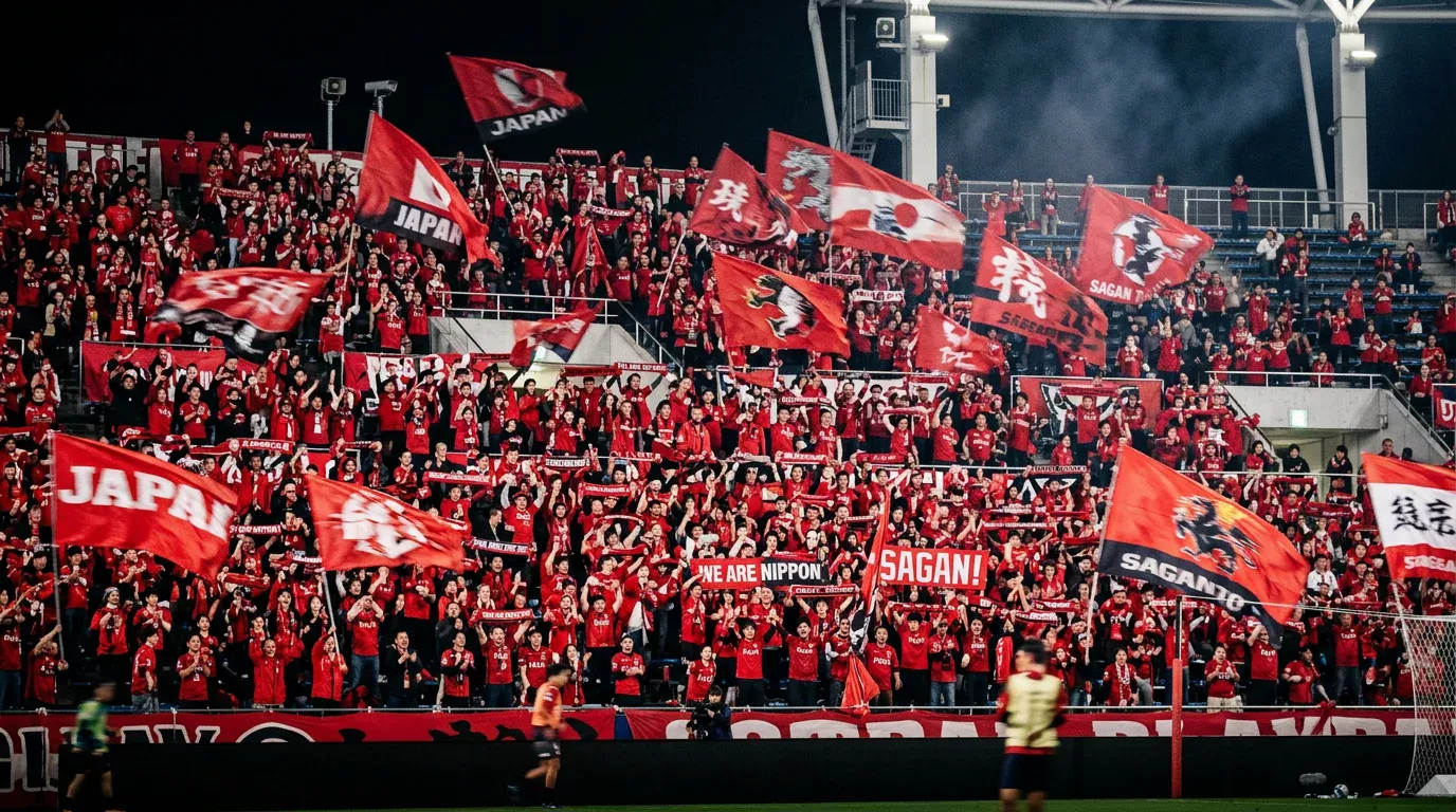 Aficionados del Urawa Red Diamonds con banderas rojas en las gradas del Saitama Stadium 2002