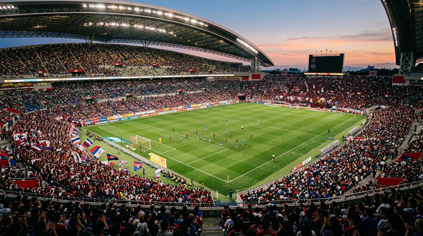 Estadio japonés lleno durante un partido de la J1 League con afición en todas las gradas