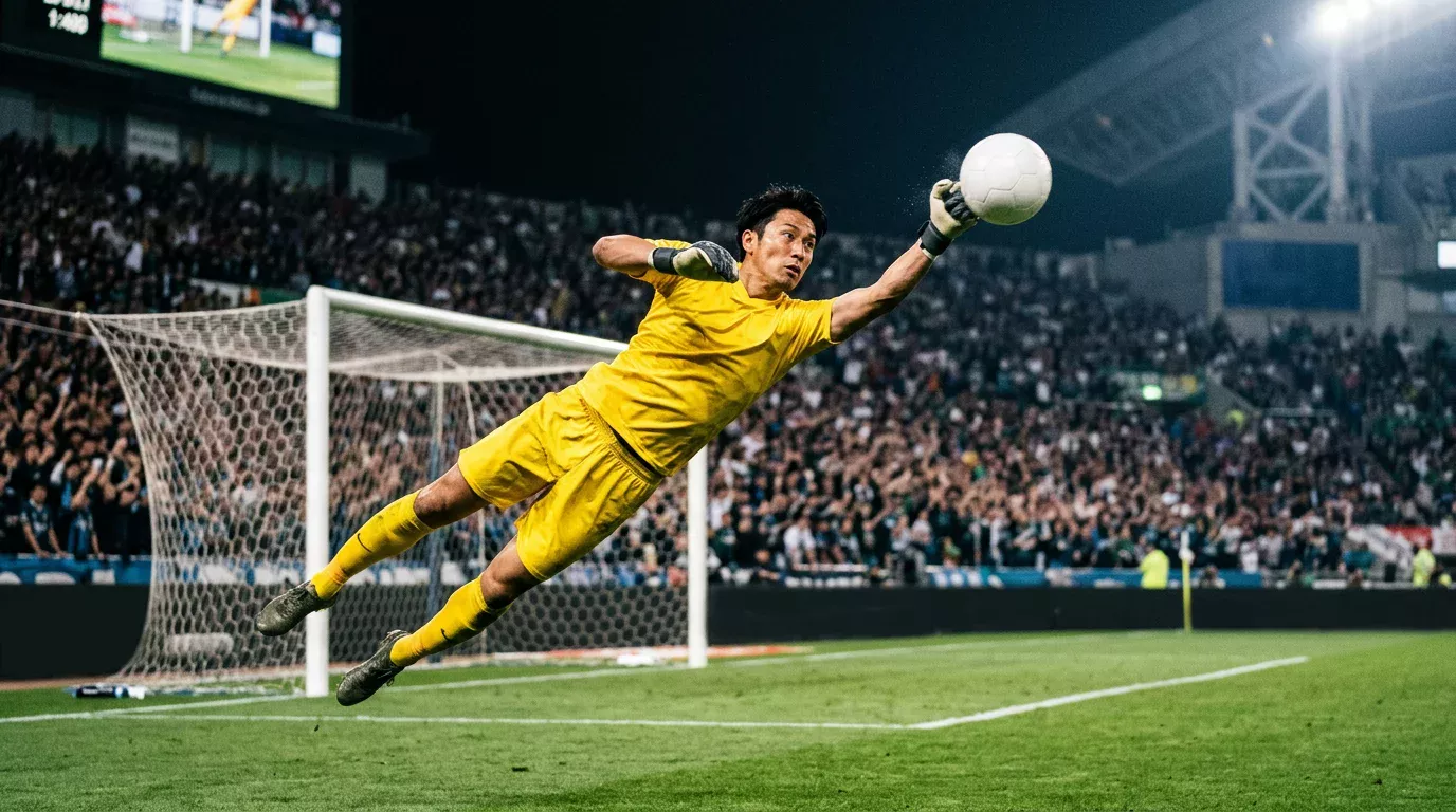 Portero japonés despejando un balón aéreo en un partido de la J1 League de noche