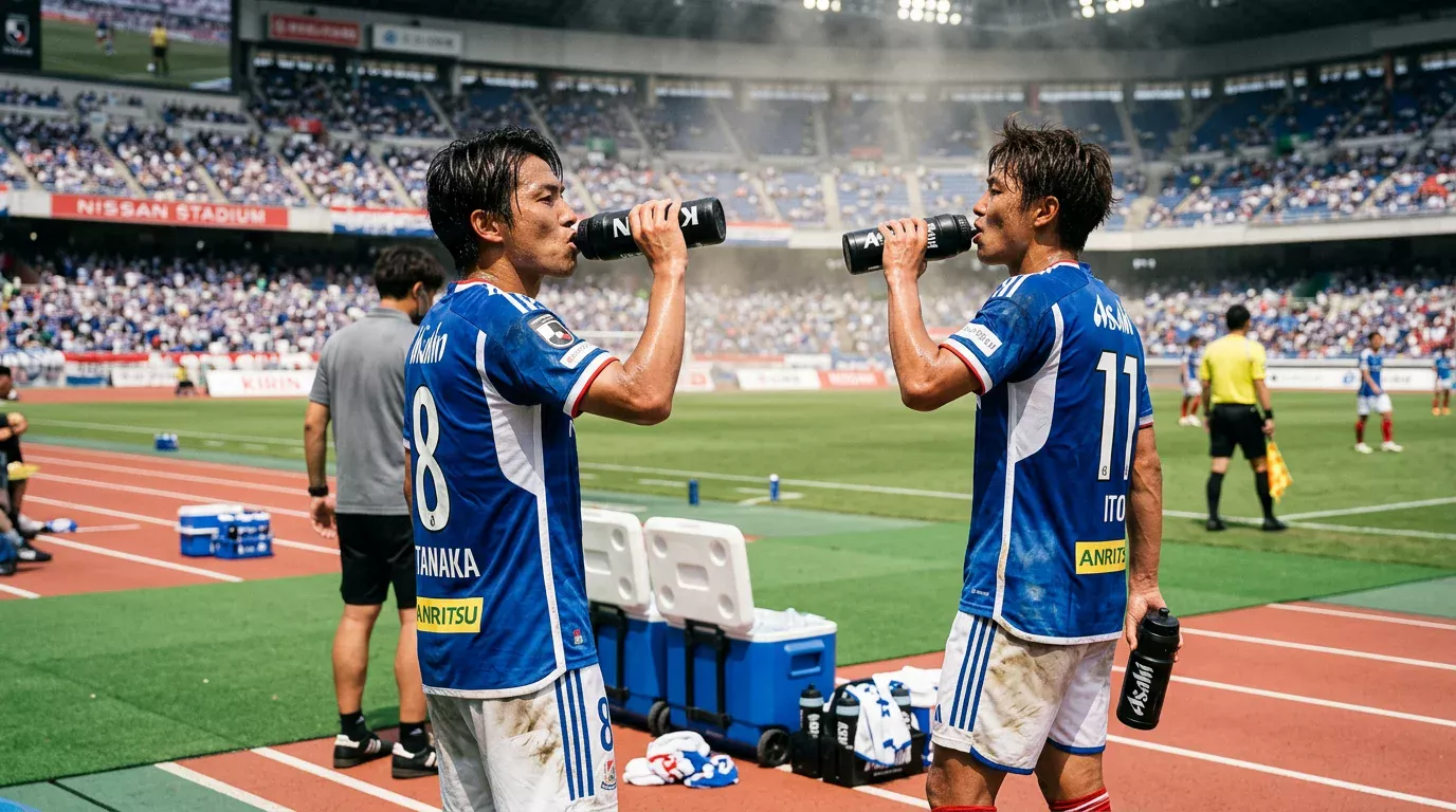 Jugador de la J.League pausa en cooling break durante partido veraniego con termómetro alto marcando calor extremo