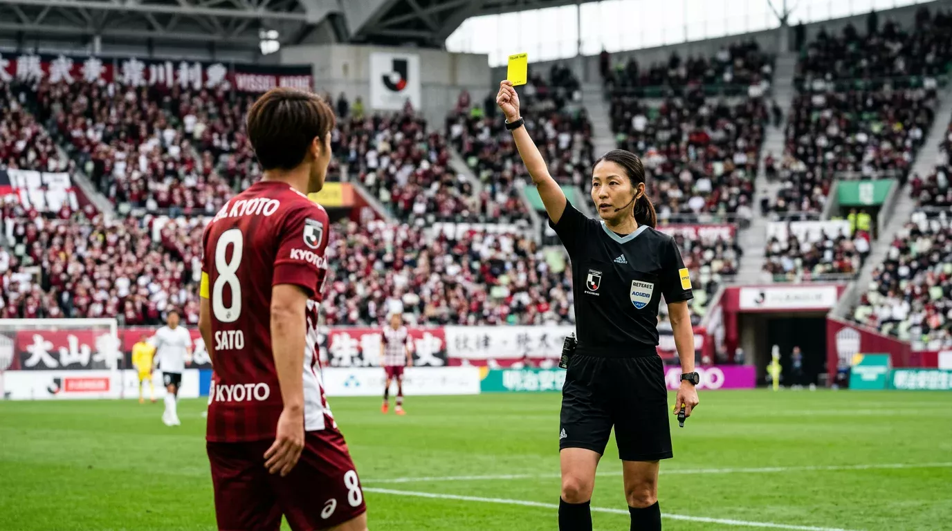 Árbitro de la J.League muestra tarjeta amarilla a un jugador durante un partido en un estadio japonés