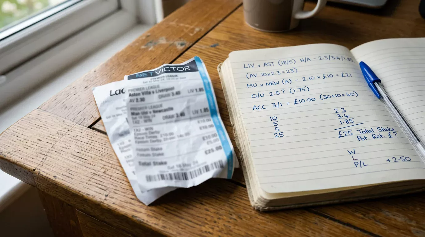 Boleto de apuesta de fútbol rasgado sobre una mesa junto a una libreta con anotaciones y cálculos