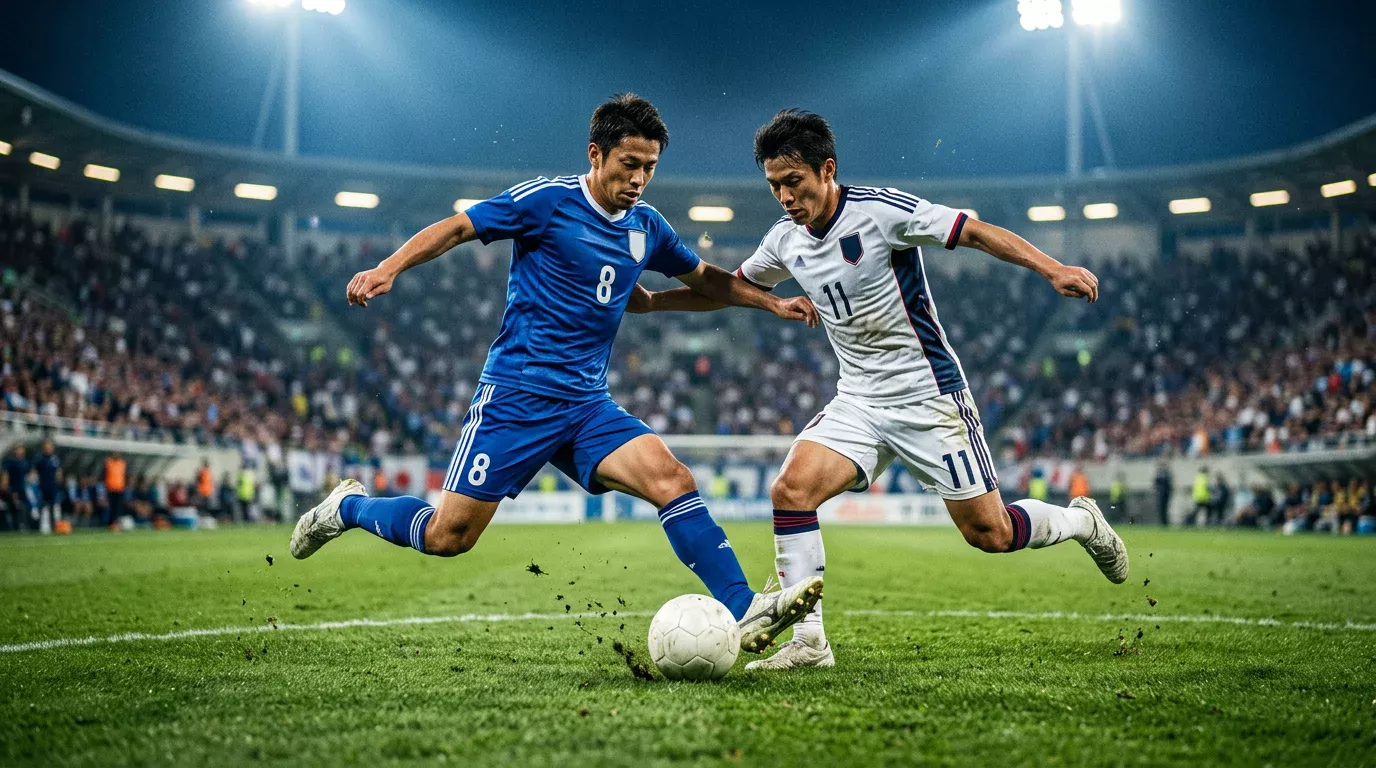 Partido de la J1 League con dos jugadores disputando el balón en el centro del campo bajo luz estadio