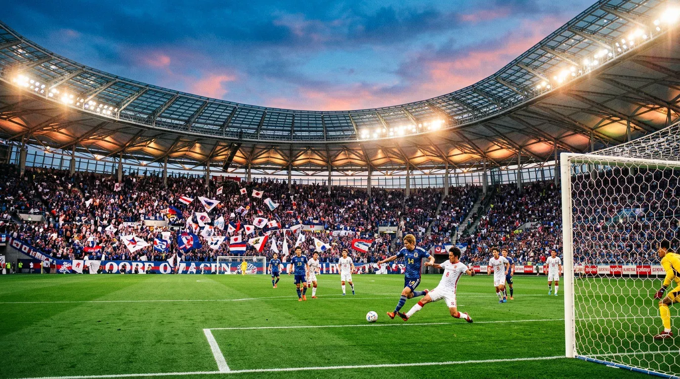 Estadio de la J.League japonesa con afición durante un partido de fútbol profesional al atardecer