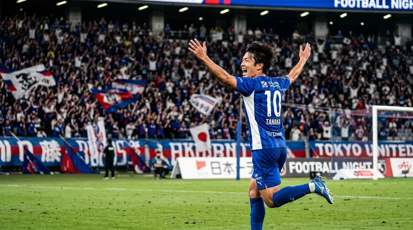 Delantero de la J1 League japonesa celebrando un gol frente a sus aficionados en un estadio lleno