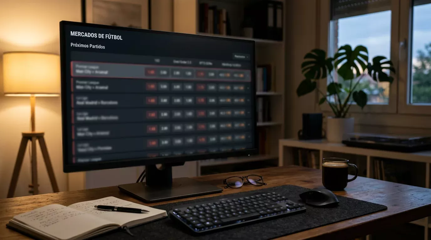 Pantalla de analista mostrando un panel de mercados de apuestas deportivas con cuotas de fútbol