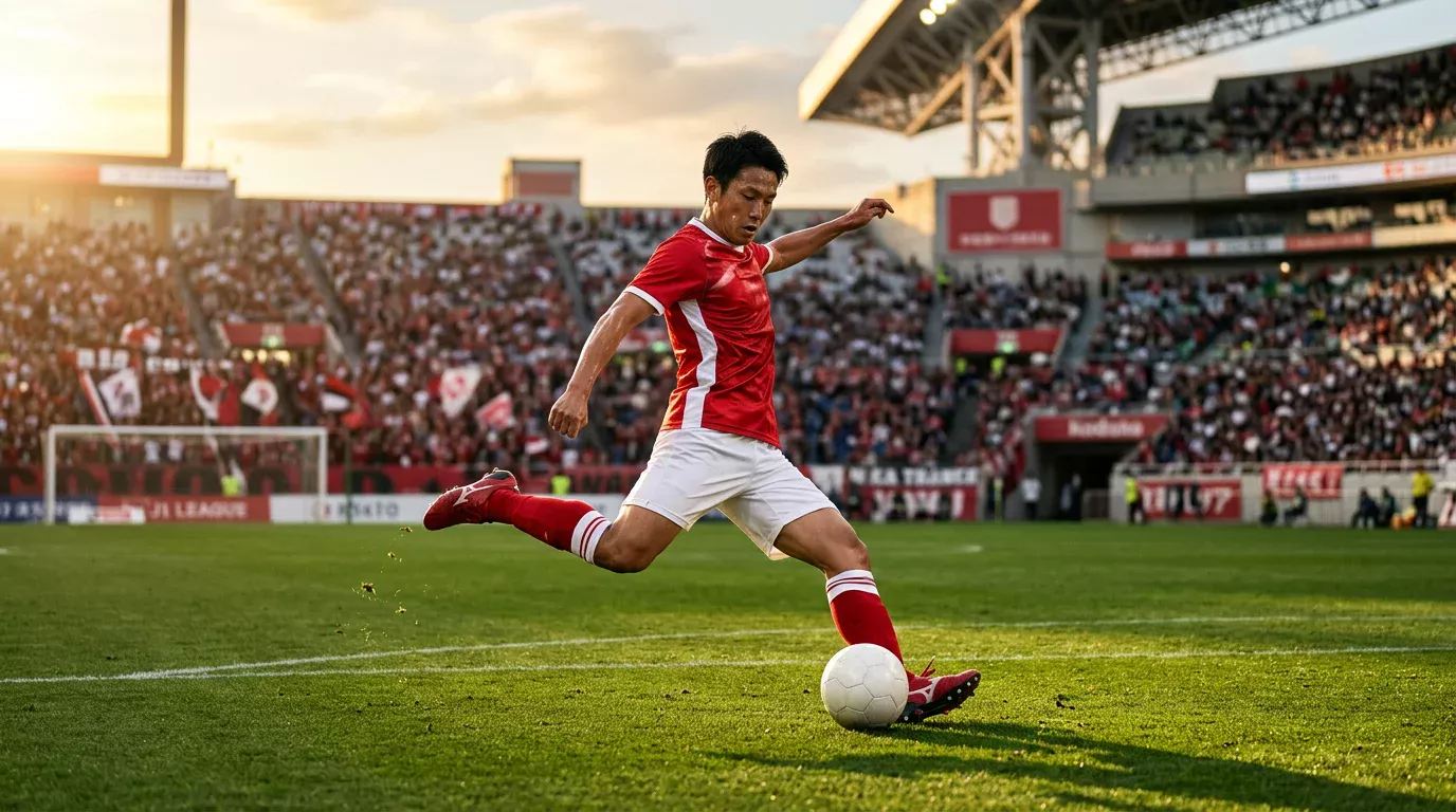 Jugador de fútbol japonés disparando a puerta en un estadio de la J1 League al atardecer