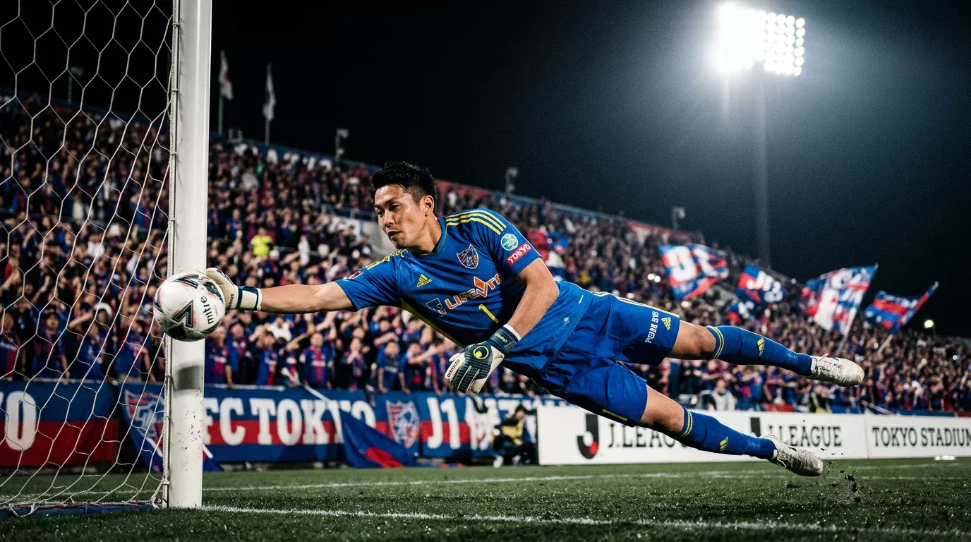 Portero de la J1 League en acción detiene un disparo durante un partido con aficionados detrás de la portería
