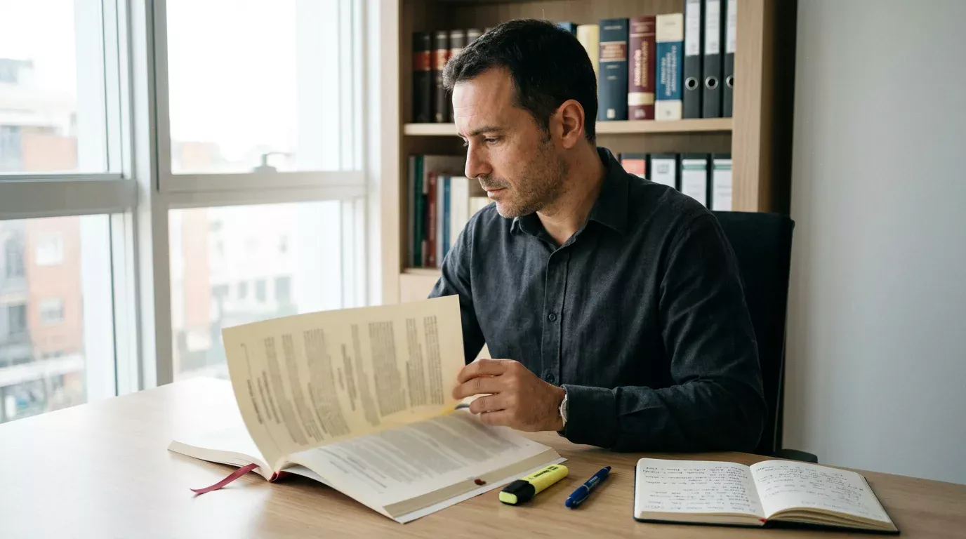 Profesional leyendo un documento regulatorio sobre licencias de juego online en una oficina con luz natural